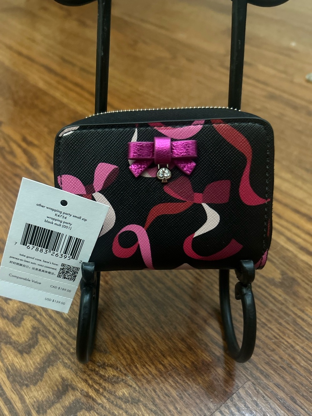 Kate Spade Wrapping Party Small Zip Wallet Black Multi Bow Print K4754